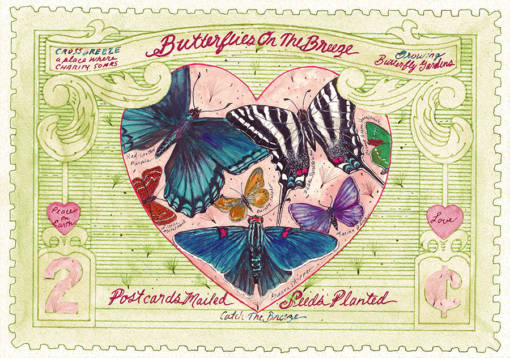 Vintage Stamp Romantic Butterflies Postcard